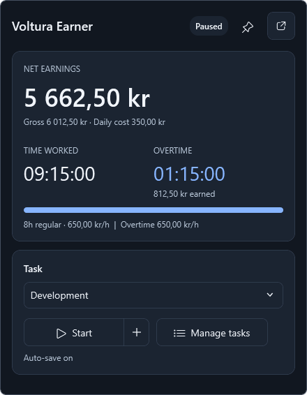 Rounded dark live earnings window with pin, earnings, overtime, task selection, and start or pause controls