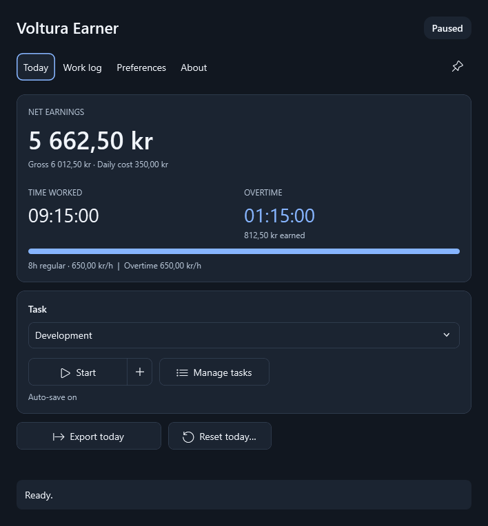 Voltura Earner showing net earnings, time worked, overtime, and task controls