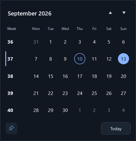 Compact calendar in dark mode with week numbers beside each row, an outlined selected date, a filled highlight for today, and a calendar pin