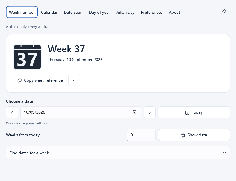 Voltura WeekNumber showing the current week, date tools, and the Always on top pin